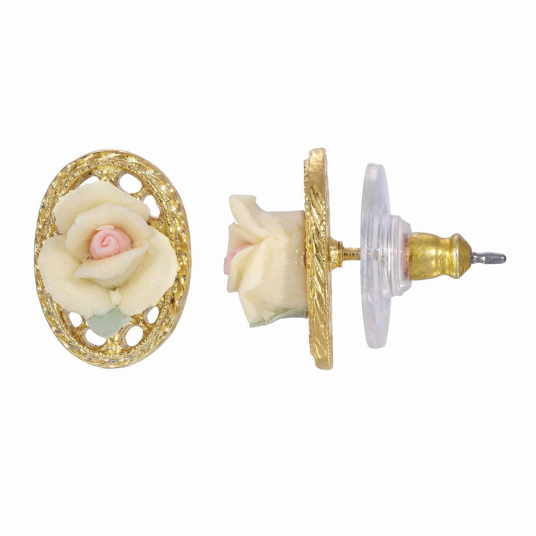 1928 Jewelry Porcelain Rose Filigree Oval Button Earrings