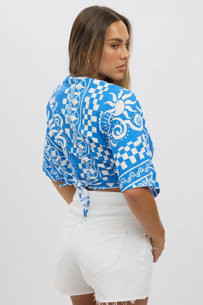 Blue Abstract Tie Up Bolero Short Sleeve