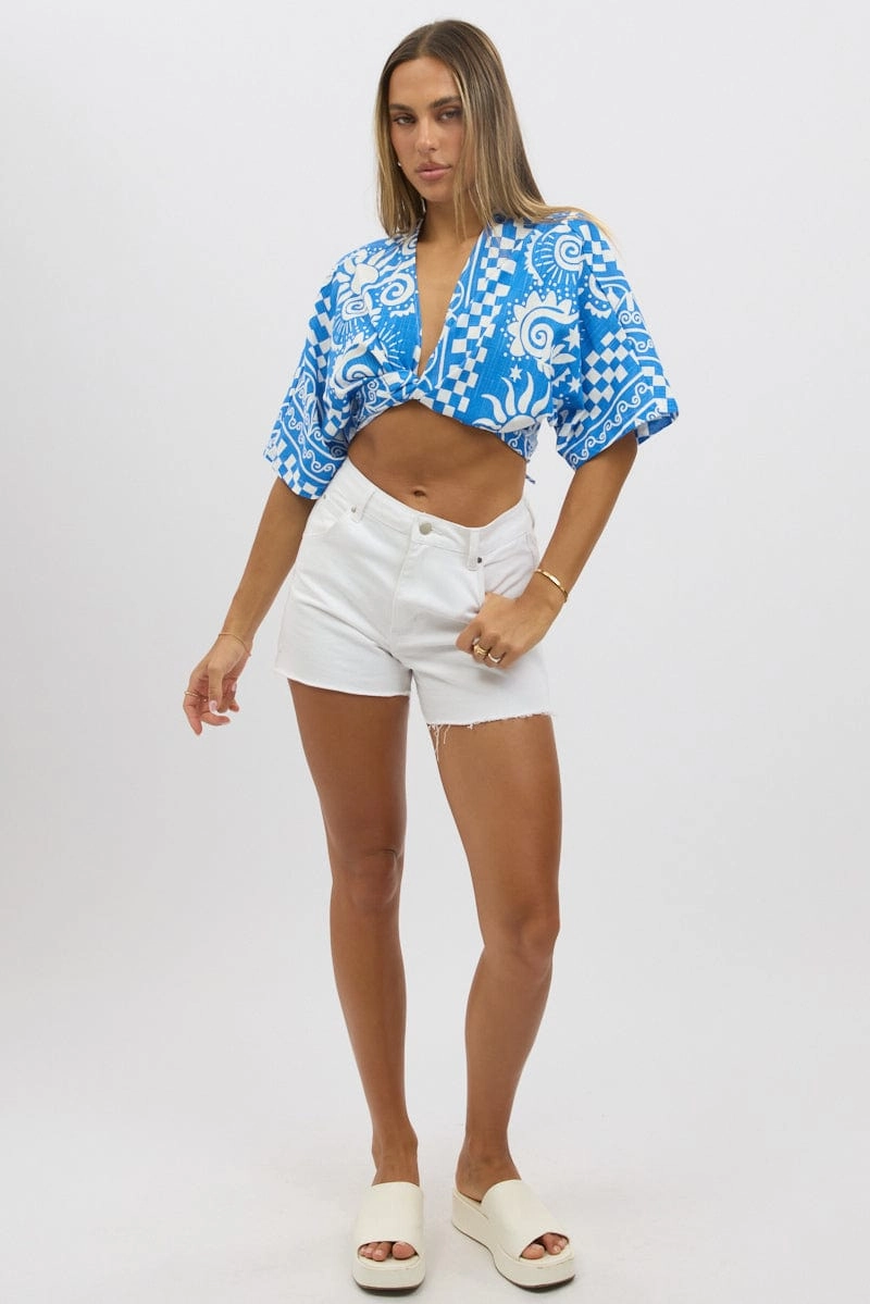 Blue Abstract Tie Up Bolero Short Sleeve