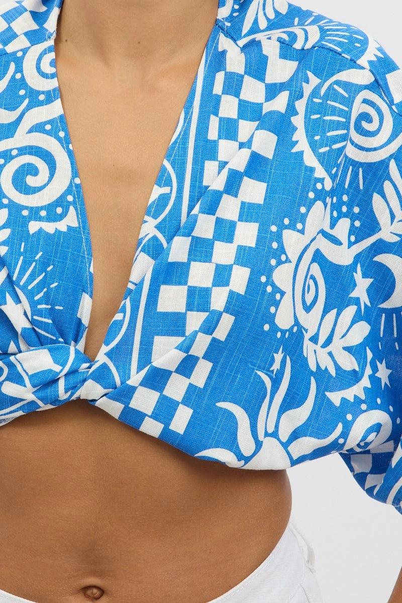 Blue Abstract Tie Up Bolero Short Sleeve