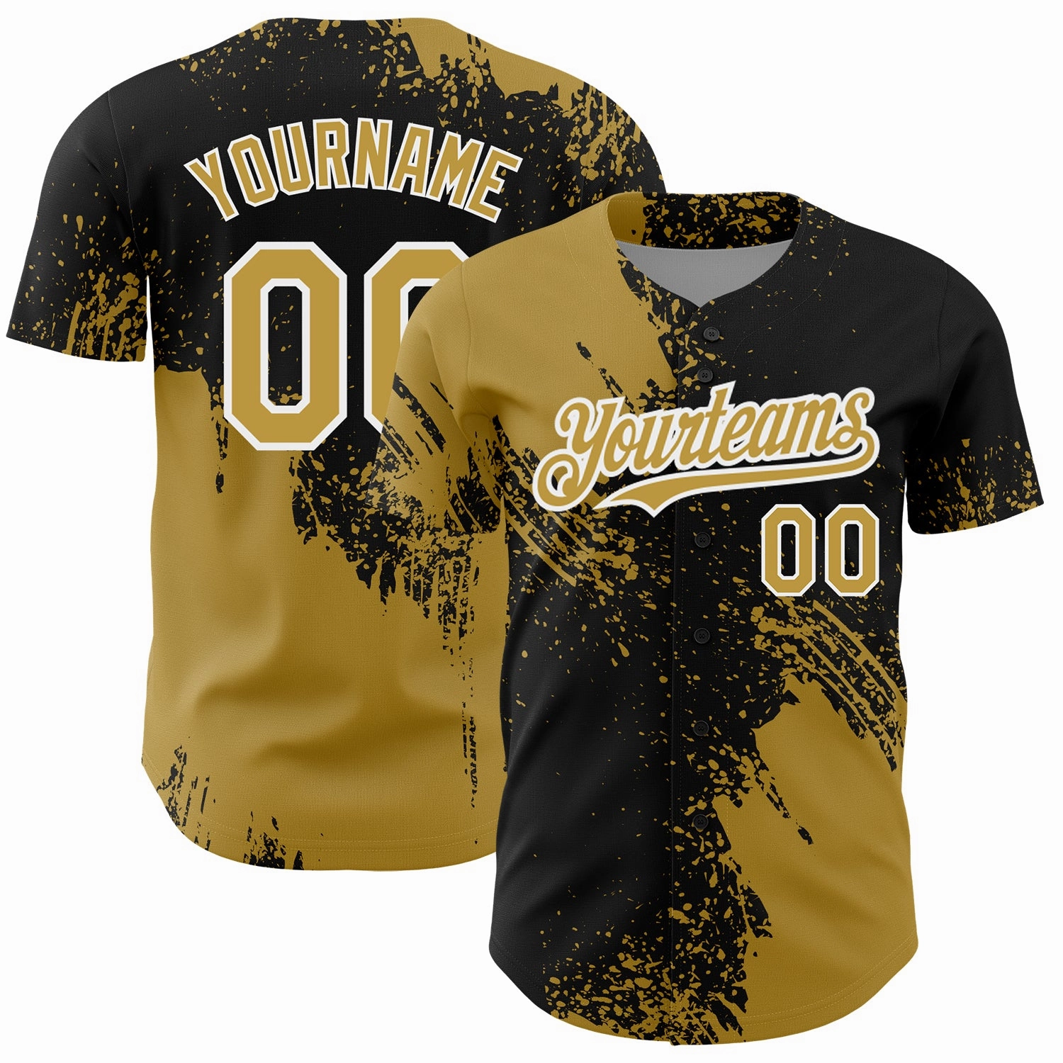 Custom Old Gold Black-White 3D Pattern Design Abstract Brush Stroke Authentic Baseball Jersey