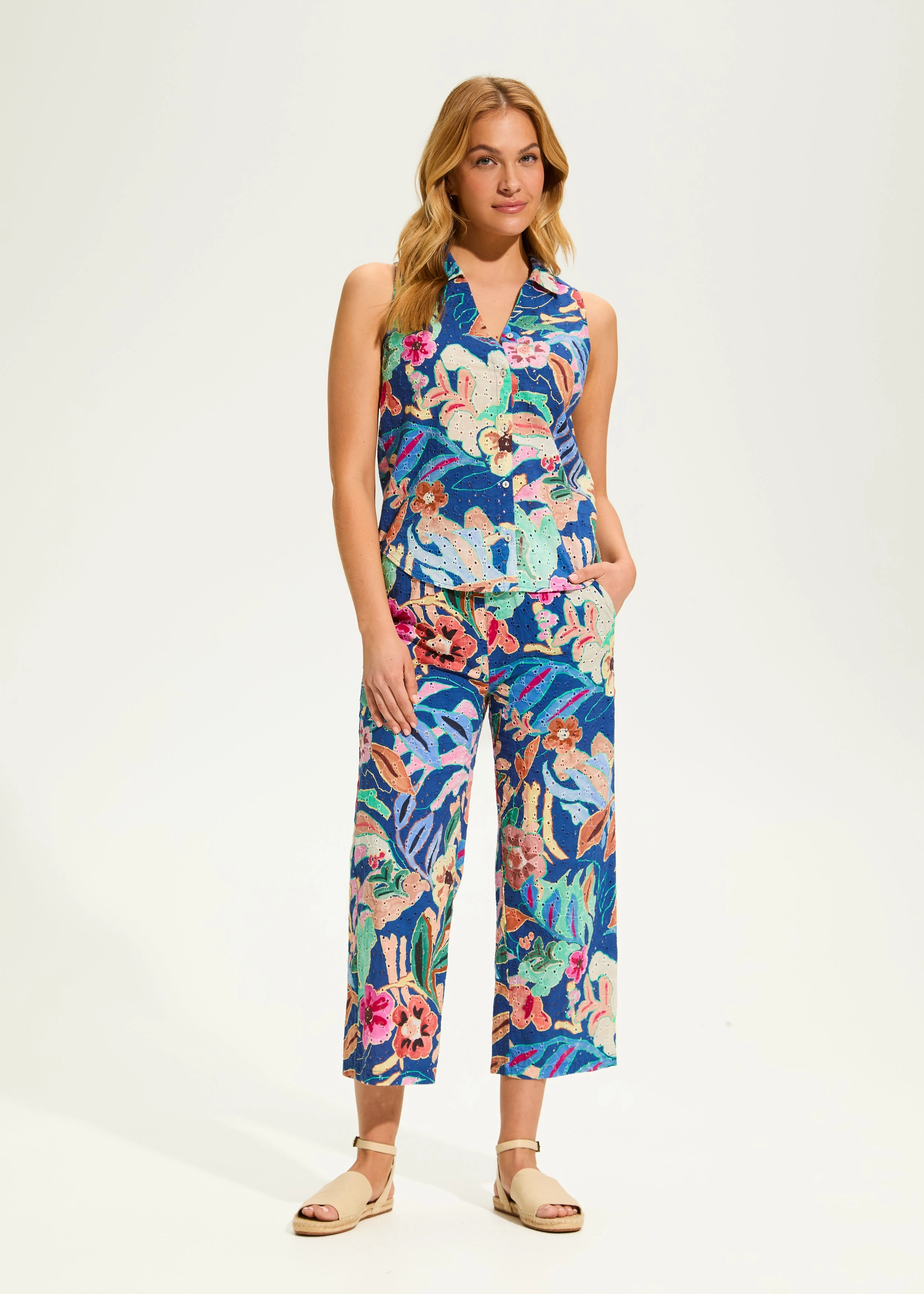 Eyelet Pull-On Crop Wide Leg Denim, Pop Camo Floral