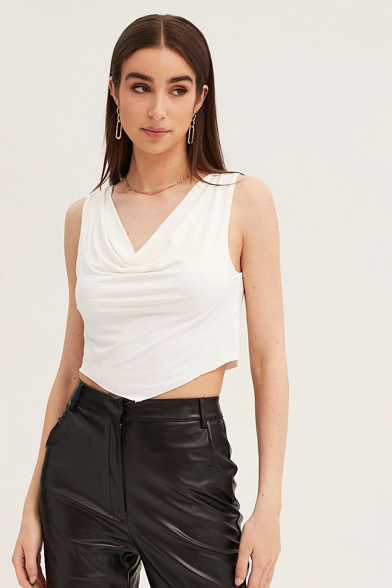 White Dip Hem Cowl Neck Top